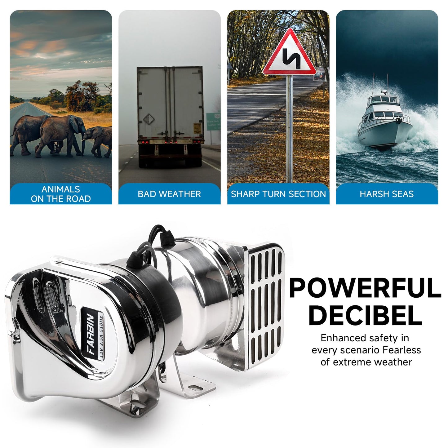 FARBIN Horn for Boats Stainless Steel Waterproof Horn for Ships 12V Super Loud Car Horn with Base Bracket for Sailboats Yachts Car Motorcycle Trucks etc. (Double stainless steel horn)