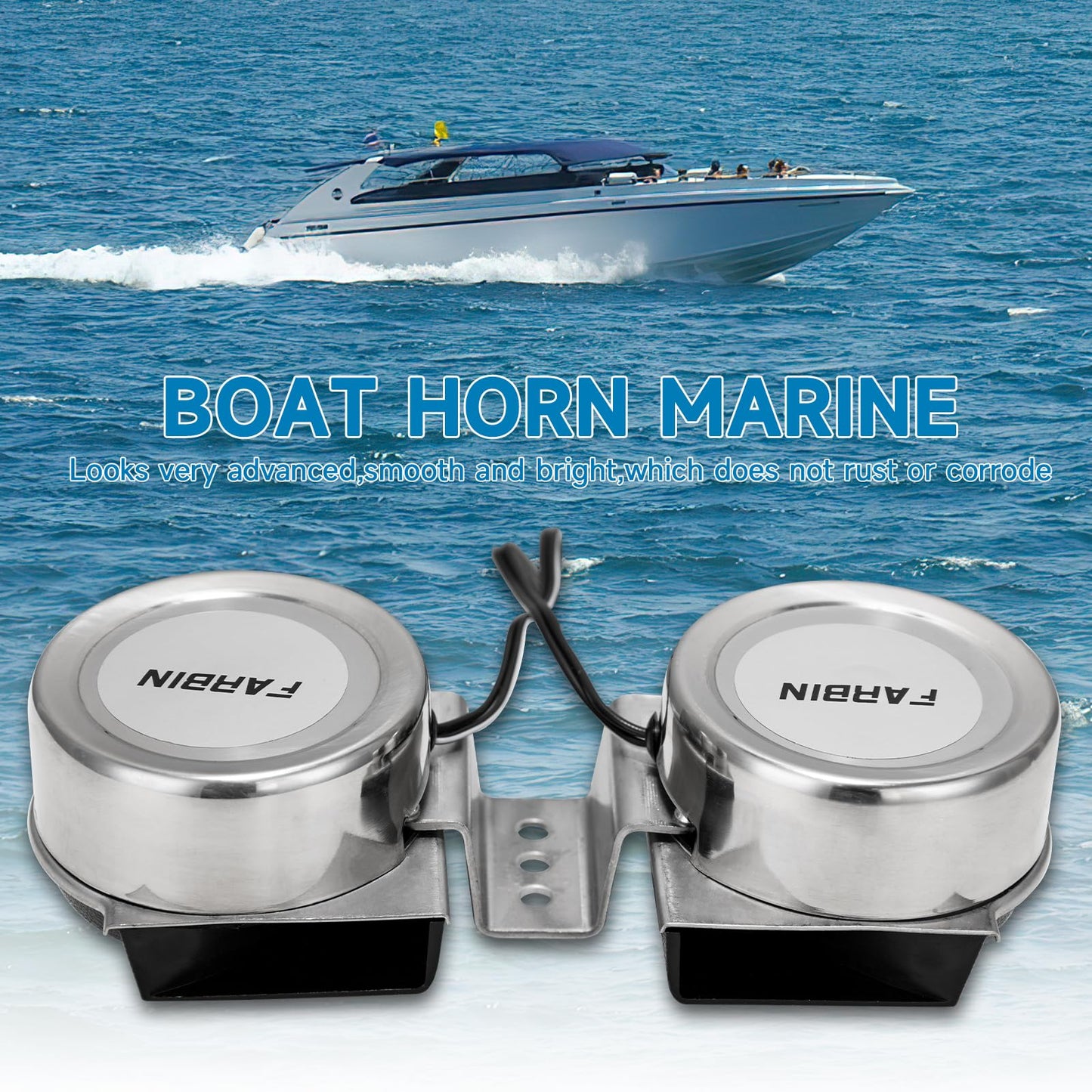 FARBIN Boat Horn Stainless Steel Horn, Waterproof Horns for Ships 12V Super Loud Motorcycle Horns with Base Bracket for Sailboats Yacht Truck etc. (Dual stainless steel horns)