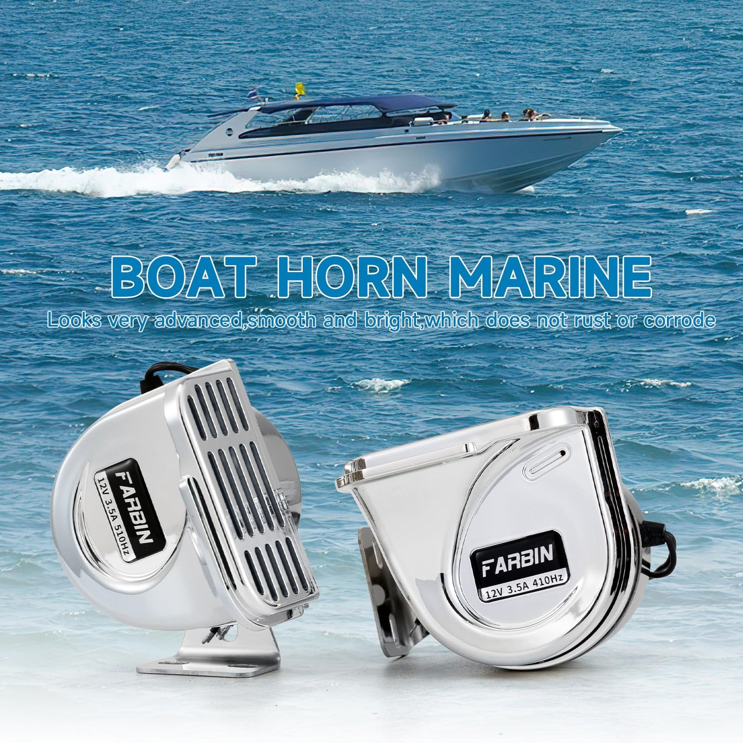 FARBIN Horn for Boats Stainless Steel Waterproof Horn for Ships 12V Super Loud Car Horn with Base Bracket for Sailboats Yachts Car Motorcycle Trucks etc. (Double stainless steel horn)