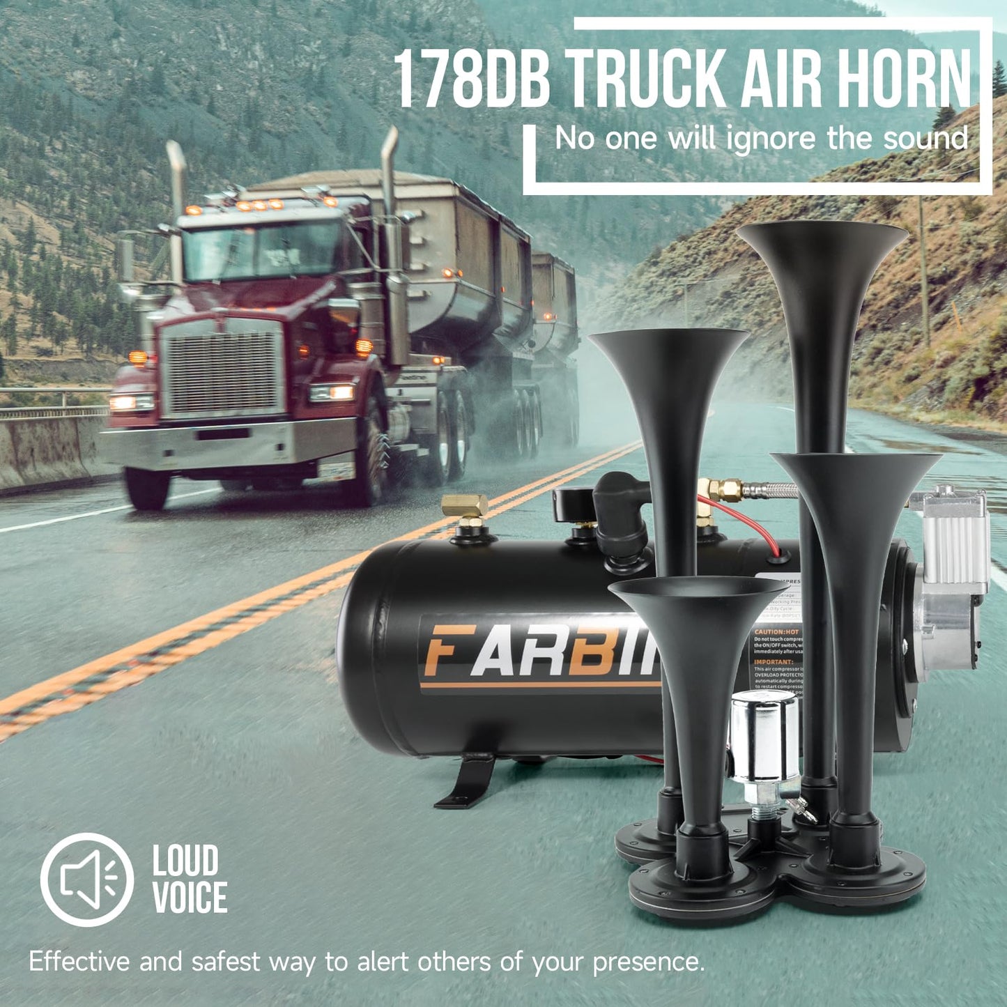FARBIN 178DB 4 Trumpet Horns Train Horn Kit for Truck Super Loud Air horns with 150 PSI 12V Air Compressor Air Tank Can for Jeep SUV Train Metal Black(0.8 gal 12v black air horn kit)