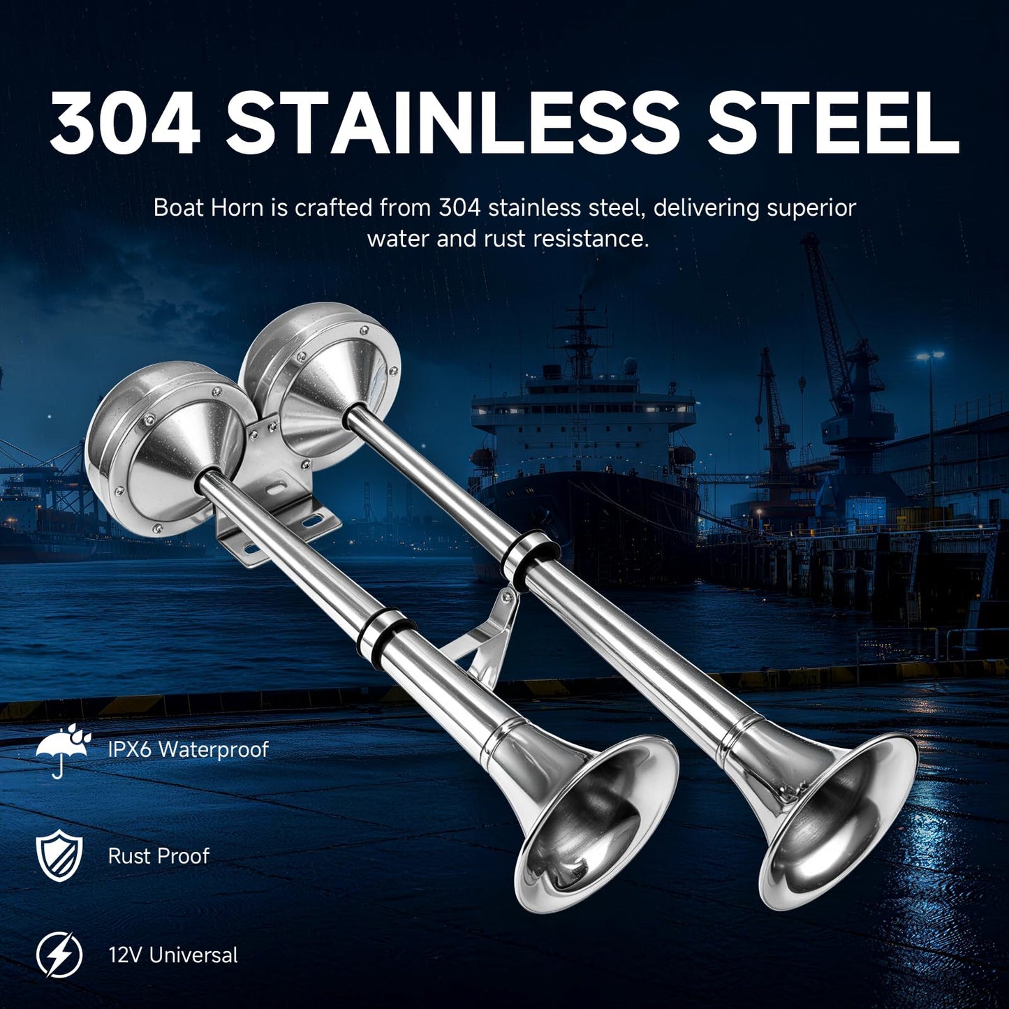 FARBIN Boat horn Waterproof Stainless Steel Dual Trumpet,Electric Horn for 12v Boats Ship Sailboat Yacht Off-Road Vehicle Truck SUV RV Vans Touring Car (Stainless steel double tube, 12V)