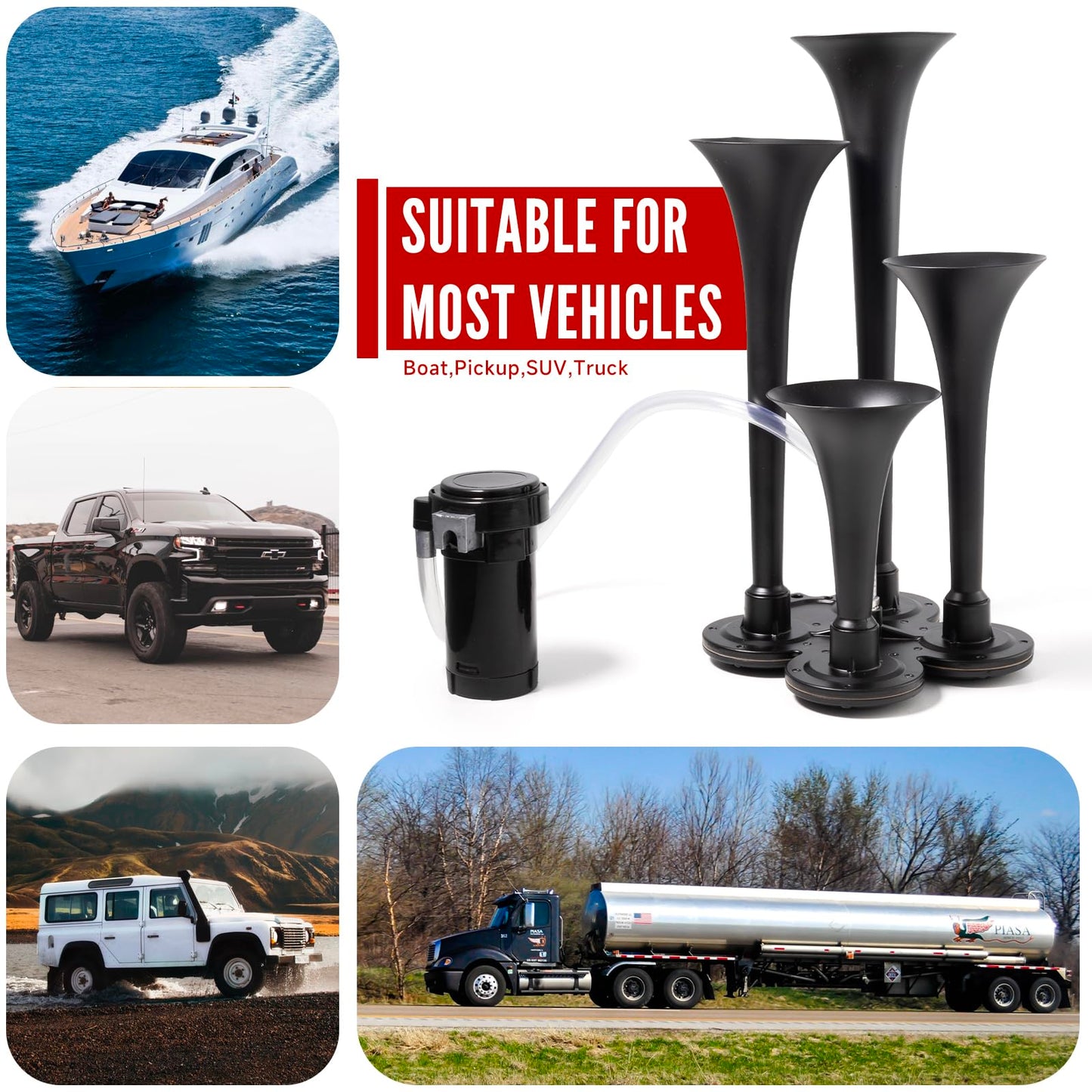 FARBIN Truck Air Horn 150DB Train Horn 12V 4 Trumpet Car Horn for Truck Super Loud Air Horns with Compressor for Vehicle Trucks Pickup Jeep SUV Train Boat Matte (Black, with Air pump)