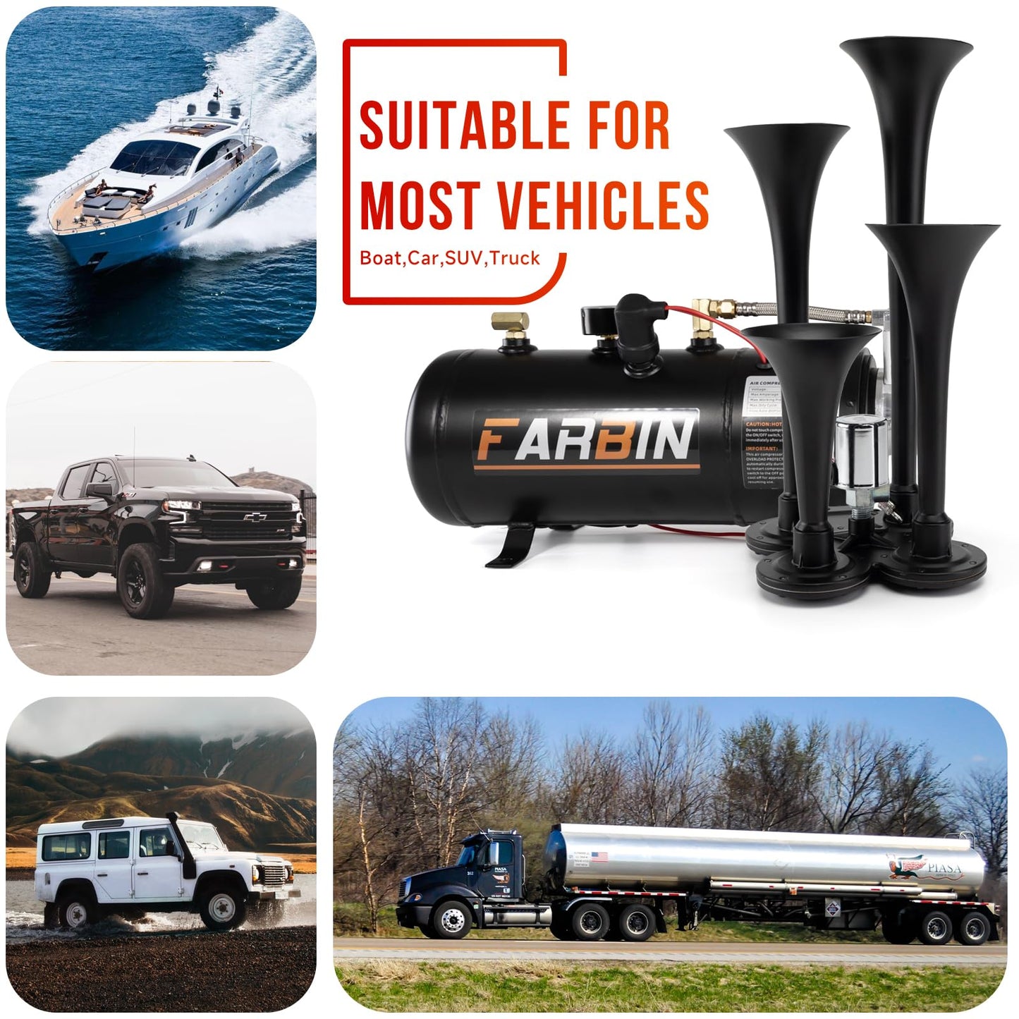 FARBIN 178DB 4 Trumpet Horns Train Horn Kit for Truck Super Loud Air horns with 150 PSI 12V Air Compressor Air Tank Can for Jeep SUV Train Metal Black(0.8 gal 12v black air horn kit)