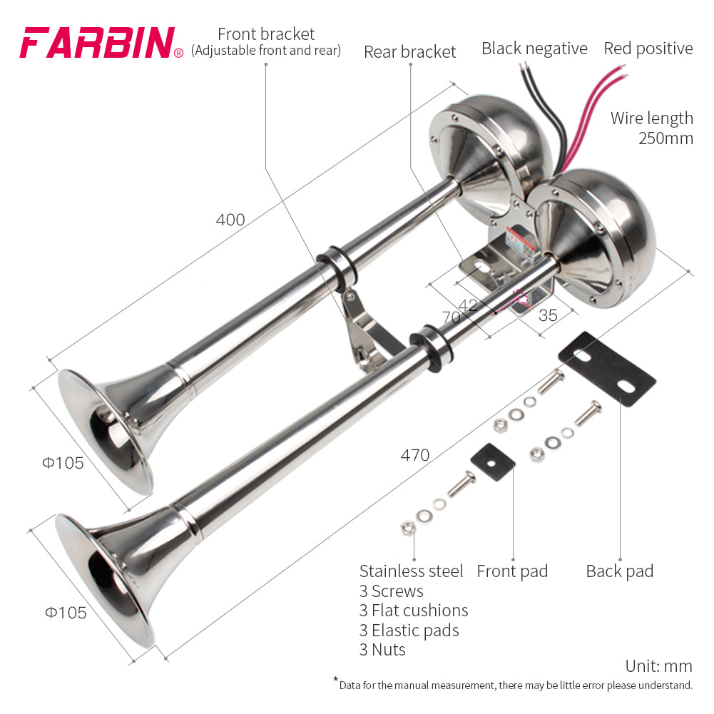 FARBIN Boat horn Waterproof Stainless Steel Dual Trumpet,Electric Horn for 12v and 24v Boats Ship Sailboat Yacht Off-Road Vehicle Truck SUV RV Vans Touring Car 24V Cargo Boats Wheel Ship Train Lorry Trucks