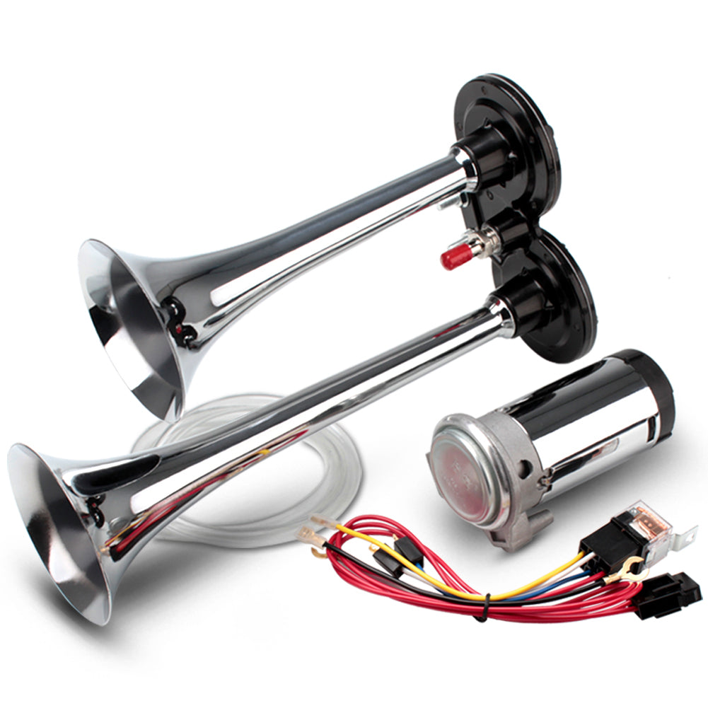 FARBIN Car Horn 12V and 24V 150db Super Loud Air Horn,Chrome Zinc Dual Trumpet Air Horns,Truck Horn with Compressor and Wire Harness