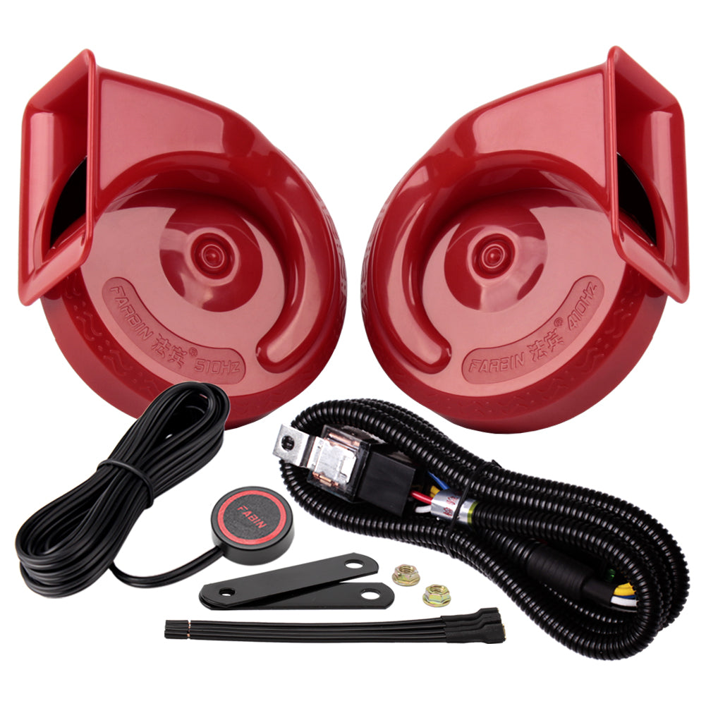 FABIN 2Pcs Car Horn 12v High/Low Tone Super Loud Horn With Relay Harness and Button Electric Snail Horn Alarm Signal Kit For Car