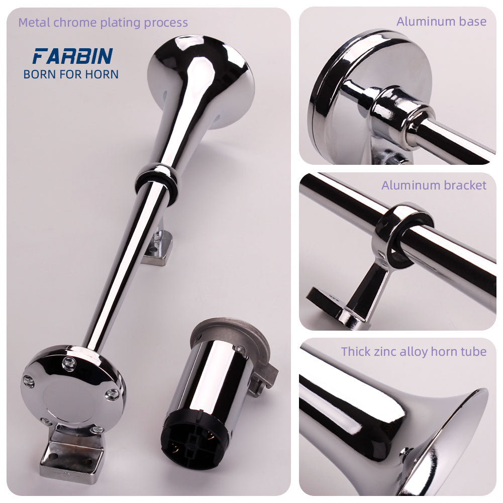 FARBIN Car Horn 12V and 24V 150db Super Loud Air Horn,Chrome Zinc Dual Trumpet Air Horns,Truck Horn with Compressor and Wire Harness