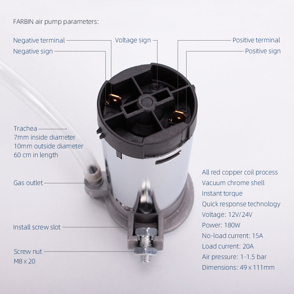 FARBIN Horns Mini Air Compressor 12V and 24V with Hose,Chromed Silver,Universal Replacement for Truck Jeep Car Horn Kit,System Direct Drive.