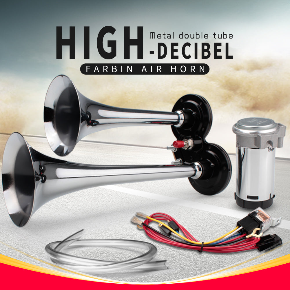 FARBIN Car Horn 12V and 24V 150db Super Loud Air Horn,Chrome Zinc Dual Trumpet Air Horns,Truck Horn with Compressor and Wire Harness