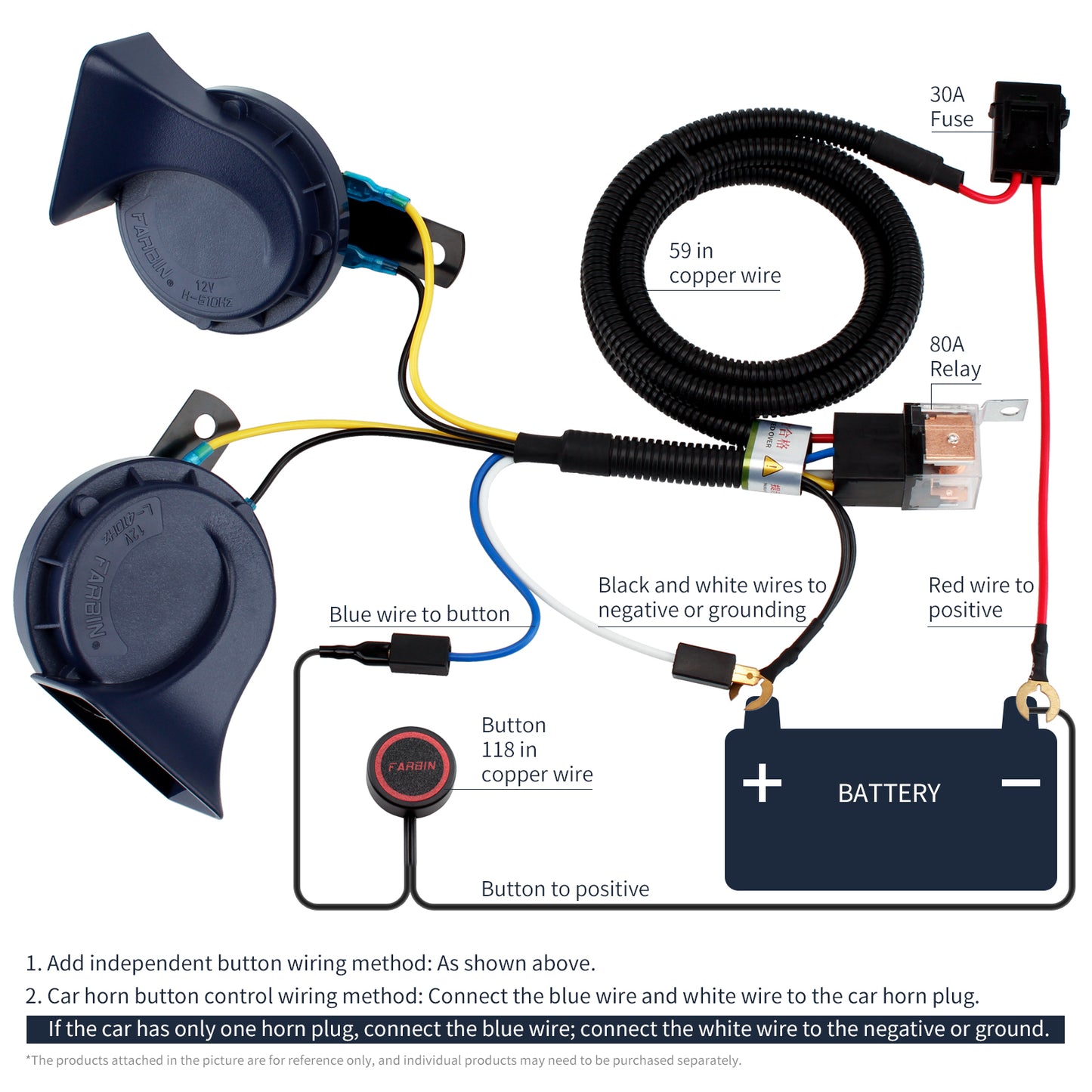 FARBIN Waterproof Auto Horn 12V Car Horn Loud Dual-Tone Electric Snail Horn Kit Universal for Any 12V Vehicles