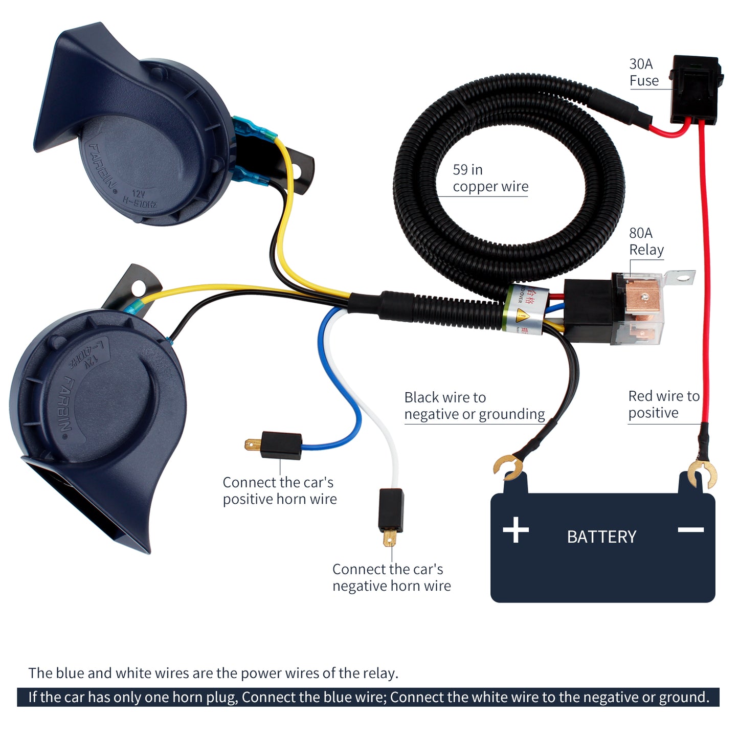 FARBIN Waterproof Auto Horn 12V Car Horn Loud Dual-Tone Electric Snail Horn Kit Universal for Any 12V Vehicles