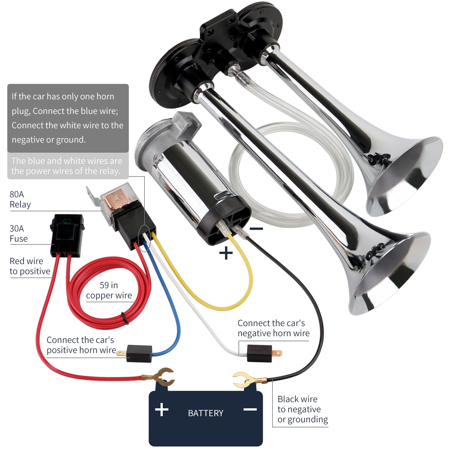 FARBIN Car Horn 12V and 24V 150db Super Loud Air Horn,Chrome Zinc Dual Trumpet Air Horns,Truck Horn with Compressor and Wire Harness