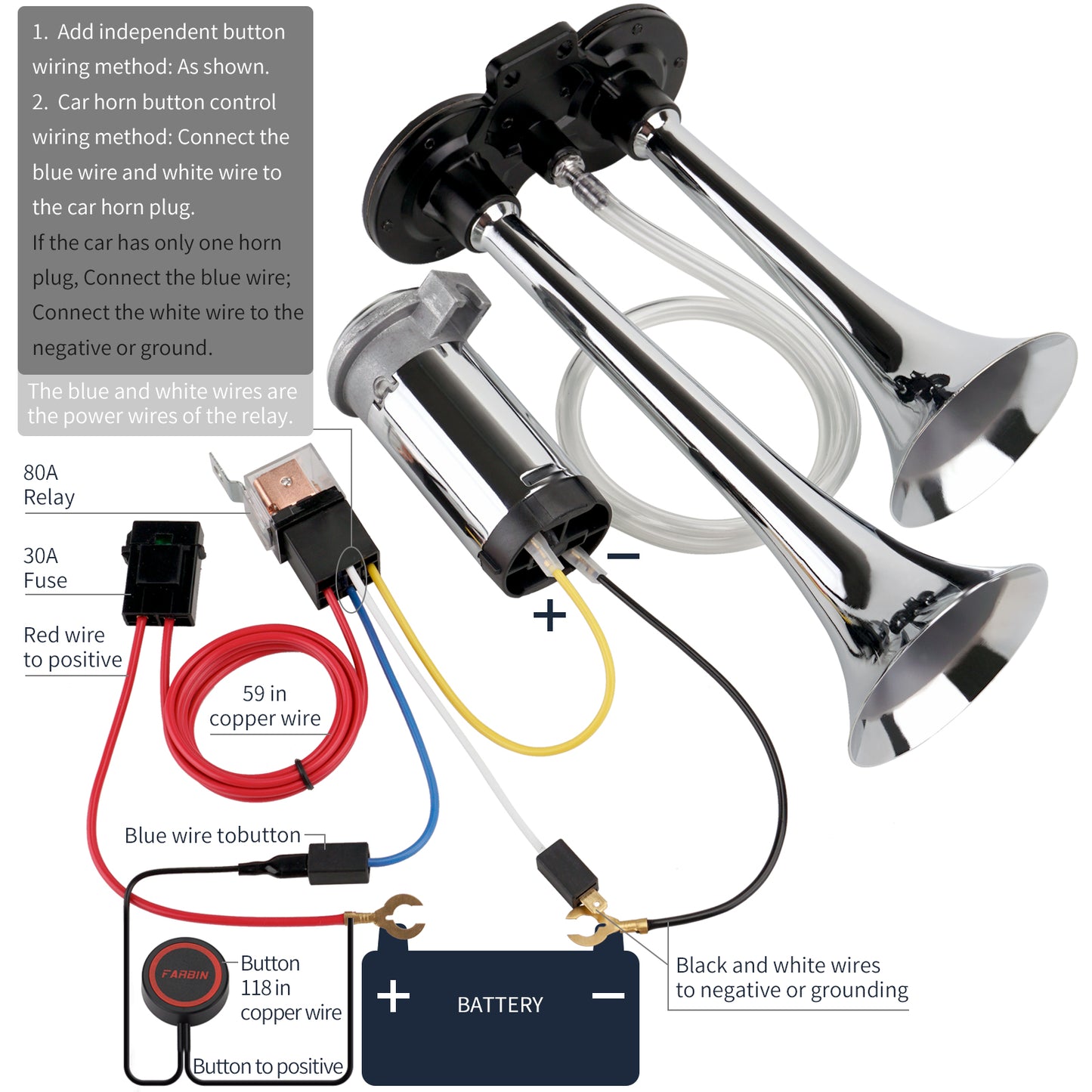 FARBIN Car Horn 12V and 24V 150db Super Loud Air Horn,Chrome Zinc Dual Trumpet Air Horns,Truck Horn with Compressor and Wire Harness