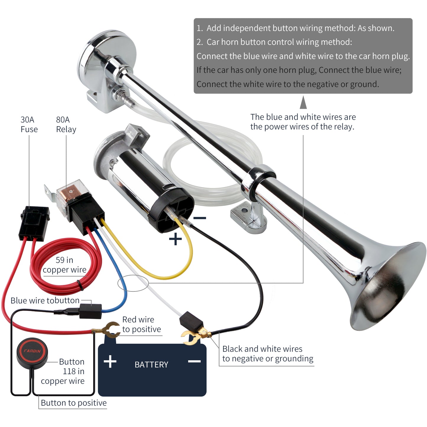 FARBIN Car Horn 12V and 24V 150db Super Loud Air Horn,Chrome Zinc Dual Trumpet Air Horns,Truck Horn with Compressor and Wire Harness