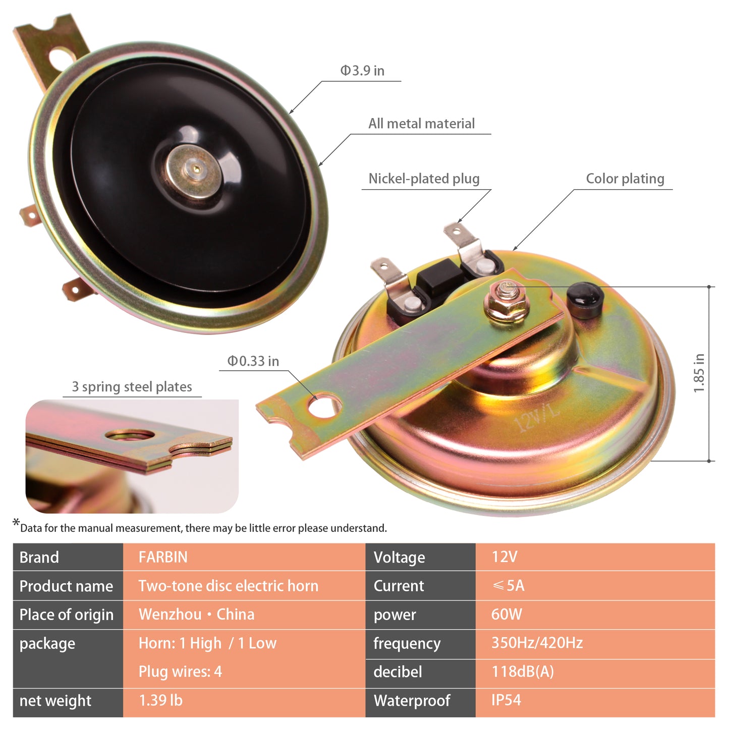 FARBIN 12V 130db Motorcycle Horn,Super Loud Electric Metal Disc Truck Horn,Universal Basin Horn,Waterproof Loud Car Horn for 2 Piece