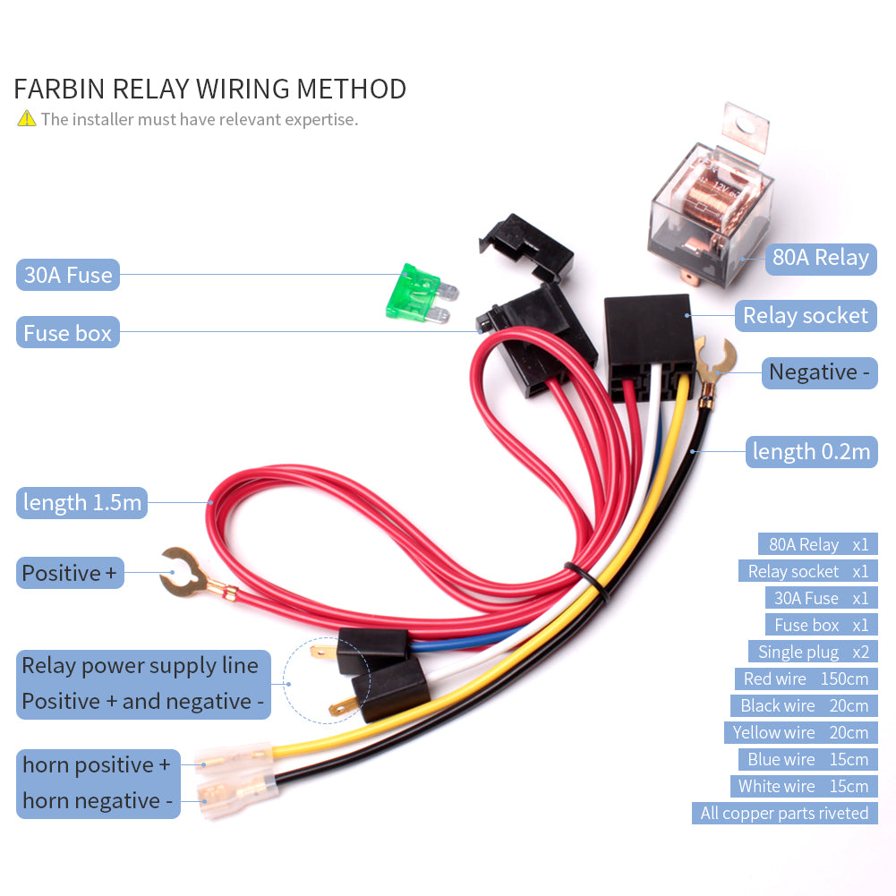 FARBIN Horn Wiring Harness Relay Kit for Car Truck 80a 4pin Spst Normally Open ,Applicable To Automobile Car Truck Motorcycle, etc