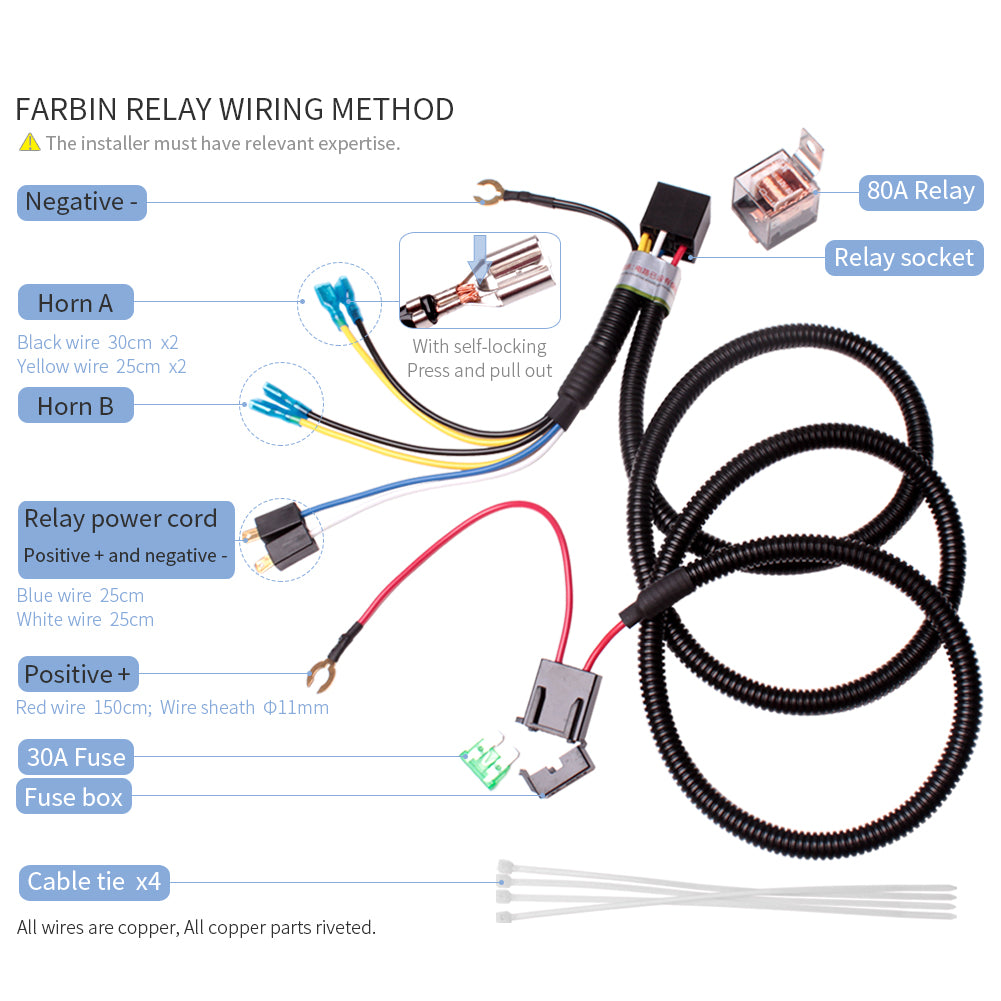 FARBIN Horn Wiring Harness Relay Kit for Car Truck 80a 4pin Spst Normally Open ,Applicable To Automobile Car Truck Motorcycle, etc